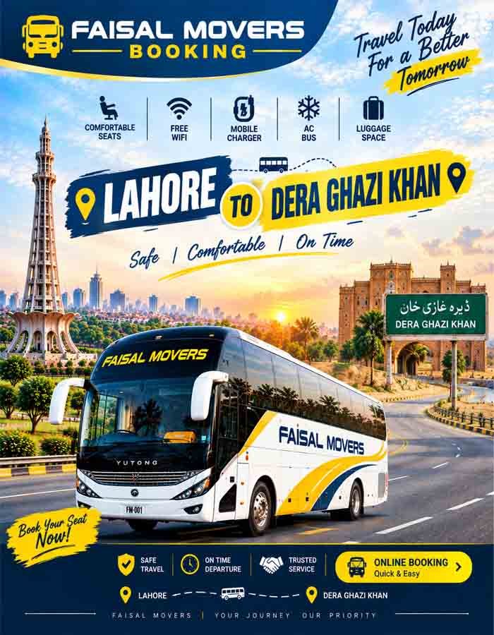 Lahore to Dera Ghazi Khan Faisal Movers bus service
