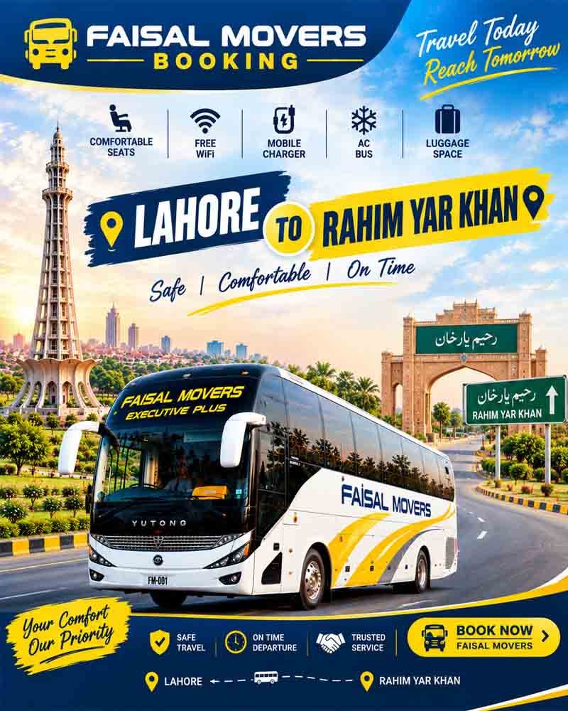 Faisal Movers booking Lahore to Rahim Yar Khan bus service