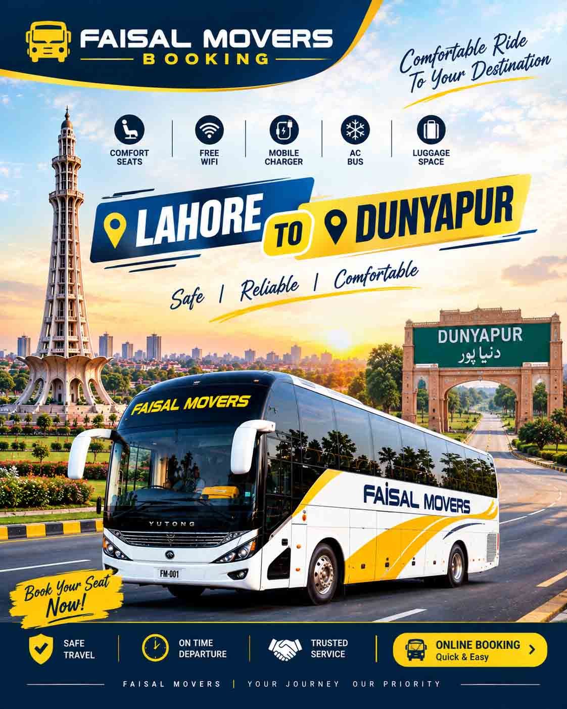 Lahore to Dunyapur distance and travel time by bus