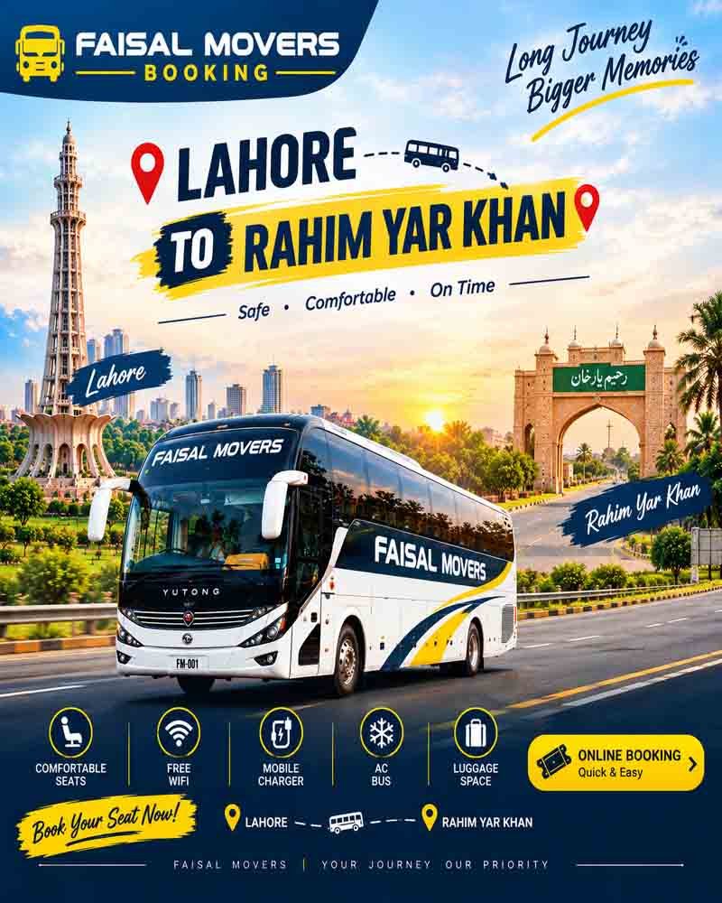 Lahore to Rahim Yar Khan distance and travel time by bus